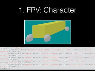 1. FPV: Character
<a-entity id="vehicle">
<a-entity geometry="primitive: box; depth: 3; height: 1; width: 1" material="color:
#AAAA44"></a-entity>
<a-entity mixin="sphere" material="color: #999999" position="-0.7 -0.5 1.5" scale="0.3
0.3 0.3"></a-entity>
<a-entity mixin="sphere" material="color: #999999" position="0.7 -0.5 1.5" scale="0.3
0.3 0.3"></a-entity>
<a-entity mixin="sphere" material="color: #999999" position="-0.7 -0.5 -1.5"
scale="0.3 0.3 0.3"></a-entity>
<a-entity mixin="sphere" material="color: #999999" position="0.7 -0.5 -1.5" scale="0.3
0.3 0.3"></a-entity>
</a-entity>
 