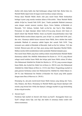 disebut oleh ulama hadits dan fiqh belakangan sebagai kitab fiqh. Berkat buku ini,
Mazhab Maliki dapat lestari di tangan murid-muridnya sampai sekarang.
Prinsip dasar Mazhab Maliki ditulis oleh para murid Imam Malik berdasarkan
berbagai isyarat yang mereka temukan dalam al-Muwaththa’. Dasar Mazhab Maliki
adalah Al-Qur’an, Sunnah Nabi SAW, Ijma’, Tradisi penduduk Madinah (statusnya
sama dengan sunnah menurut mereka), Qiyas, Fatwa Sahabat, al-Maslahah al-
Mursalah, ’Urf; Istihsan, Istishab, Sadd az-Zari’ah, dan Syar’u Man Qablana.
Pernyataan ini dapat dijumpai dalam kitab al-Furuq yang disusun oleh Imam al-
Qarafi (tokoh fiqh Mazhab Maliki). Imam asy-Syatibi menyederhanakan dasar fiqh
Mazhab Maliki tersebut dalam empat hal, yaitu Al-Qur’ an, sunnah Nabi SAW, ijma’,
dan rasio. Alasannya adalah karena menurut Imam Malik, fatwa sahabat dan tradisi
penduduk Madinah di zamannya adalah bagian dari sunnah Nabi SAW. Yang
termasuk rasio adalah al-Maslahah al-Mursalah, Sadd az-Zari’ah, Istihsan, ’Urf; dan
Istishab. Menurut para ahli usul fiqh, qiyas jarang sekali digunakan Mazhab Maliki.
Bahkan mereka lebih mendahulukan tradisi penduduk Madinah daripada qiyas.
Para murid Imam Malik yang besar andilnya dalam menyebarluaskan Mazhab Maliki
diantaranya adalah Abu Abdillah Abdurrahman bin Kasim (w. 191 H.) yang dikenal
sebagai murid terdekat Imam Malik dan belajar pada Imam Malik selama 20 tahun,
Abu Muhammad Abdullah bin Wahab bin Muslim (w. 197 H.) yang sezaman dengan
Imam Malik, dan Asyhab bin Abdul Aziz al-Kaisy (w. 204 H.) serta Abu Muhammad
Abdullah bin Abdul Hakam al-Misri (w. 214 H.) dari Mesir. Pengembang mazhab ini
pada generasi berikutnya antara lain Muhammad bin Abdillah bin Abdul Hakam (w.
268 H.) dan Muhammad bin Ibrahim al-Iskandari bin Ziyad yang lebih populer
dengan nama Ibnu al-Mawwaz (w. 296 H.).
Disamping itu, ada pula murid-murid Imam Malik lainnya yang datang dari Tunis,
Irak, Hedjzaz, dan Basra. Disamping itu Mazhab Maliki juga banyak dipelajari oleh
mereka yang berasal dari Afrika dan Spanyol, sehingga mazhab ini juga berkembang
di dua wilayah tersebut.
 Mazhab Syafi’i
Pemikiran fiqh mazhab ini diawali oleh Imam asy-Syafi’i. Keunggulan Imam asy-
Syafi’i sebagai ulama fiqh, usul fiqh, dan hadits di zamannya diakui sendiri oleh
ulama sezamannya.
 