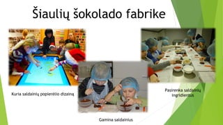Šiaulių šokolado fabrike
Kuria saldainių popierėlio dizainą
Pasirenka saldainių
ingridientus
Gamina saldainius
 