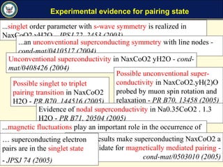 Experimental evidence for pairing state
...singlet order parameter with s-wave symmetry is realized in
NaxCoO2.yH2O - JPSJ 72, 2453 (2003)
...an unconventional superconducting symmetry with line nodes -
cond-mat/0410517 (2004)
Unconventional superconductivity in NaxCoO2 yH2O - cond-
mat/0408426 (2004)
Possible singlet to triplet
pairing transition in NaxCoO2
H2O - PR B70, 144516 (2005)
Possible unconventional super-
conductivity in NaxCoO2.yH(2)O
probed by muon spin rotation and
relaxation - PR B70, 13458 (2005)
Evidence of nodal superconductivity in Na0.35CoO2 . 1.3
H2O - PR B71, 20504 (2005)
...magnetic fluctuations play an important role in the occurrence of
superconductivity - JPSJ 74, 867 (2005)Our results make superconducting NaxCoO2 a
clear candidate for magnetically mediated pairing -
cond-mat/0503010 (2005)
… superconducting electron
pairs are in the singlet state
- JPSJ 74 (2005)
 