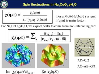 Spin fluctuations in NaxCoO2 yH2O
AD=G/2
AC=AB=G/4
Im χ0(q,ω)/ω|ω→0 Re χ0(q,0)
χ0(q,ω) = Σk
f(εk+q) - f(εk)
(εk+q - εk - ω - iδ)
χ(q,ω) =
χ0(q,ω)
χ0(q,ω)1- I(q,ω)
For a Mott-Hubbard system,
I(q,ω) is main factor
For NaxCoO2 yH2O, we expect peaks to come from non-interacting part:
 