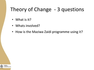 Theory of Change - 3 questions
• What is it?
• Whats involved?
• How is the Maziwa Zaidi programme using it?
 