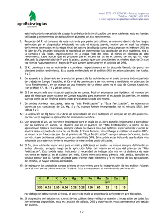 Maipú 2570 - CP S2004FSR - Rosario, Argentina
                                                                                      TeleFax: (54)(341) 481 1174
                                                                    e-mail: agroestrategias@agroestrategias.com




     está indicando la necesidad de ajustar la práctica de la fertilización con este nutriente, esto es fuentes
     utilizadas y/o momentos de aplicación en planteos de alto rendimiento.
7.   Respecto del P, el consumo de este nutriente por parte del cultivo, se mantuvo dentro de los rangos
     estimados por el diagnóstico efectuado en todo el trabajo previo, motivo por el cual los niveles
     deficientes observados en la etapa final del cultivo (explicado como desbalance por el método DRIS en
     el lote de AF), estarían indicando la necesidad de incrementar las cantidades de este nutriente, sea a
     la siembra o vía foliar, especialmente en la etapa final del ciclo, al menos en planteos de alto
     rendimiento. Cabe acotar que es probable que el exceso de Zn en el planteo de 180 qq/ha, haya
     afectado la disponibilidad de P para la planta, puesto que son coincidentes los niveles altos de Zn con
     los niveles “supuestamente” bajos de P que pueden apreciarse en el análisis del DRIS.
8. El K, comienza a ser un nutriente a considerar, especialmente en la etapa de llenado de grano, en
   planteos de alto rendimiento. Esto queda evidenciado en el análisis DRIS en ambos planteos (ver tablas
   1 y 3)
9. De acuerdo a lo observado en la evolución general de los nutrientes en el suelo durante todo el período
   de trabajo en Campo Yaquicho, el Ca y el Mg comienzan a ser nutrientes a considerar en planteos de
   “Alto Rendimiento”, en un marco de uso intensivo de la tierra como es el caso de Campo Yaquicho.
   (ver gráficos 17, 18, 19 y 20 del anexo)
10. El S se encontraría una situación particular en suelos. Podrían esbozarse una hipótesis: el manejo del
    agua de riego que debe hacerse en Campo Yaquicho para mantener el estado de los perfiles, en suelos
    sueltos como los de Tirolesa podría estar provocando lavado del mismo.
11. En ambos planteos realizados, esto es “Alta Fertilización” y “Baja Fertilización”, se observaron
    carencias casi constantes de Ca, Mg. S y Fe, cuando fueron interpretados por el método DRIS. (ver
    tablas 1 y 3)
12. La aplicación de Mg foliar no cubrió las necesidades de este nutriente en ninguno de los dos planteos,
    por lo cual se sugiere la aplicación del mismo a la siembra.
13. Con respecto al Zn, un nutriente importante para el maíz en si, pero también importante a considerar
    por su carencia en suelos, se observó que en el planteo de “Alta Fertilización”, a partir de las
    aplicaciones foliares realizadas, siempre estuvo en niveles más que óptimos, especialmente cuando se
    analiza desde el punto de vista de los Niveles Críticos Foliares, sin embargo al realizar el análisis DRIS,
    se muestra en franco exceso. En el planteo de “Baja Fertilización” siempre estuvo deficiente, tanto
    por el criterio de Niveles críticos como por el análisis DRIS. Esto podría estar indicando que la dosis más
    adecuada para este nutriente se encontraría entre ambas dosis utilizadas.
14. El Cu, otro nutriente importante para el maíz y deficiente en suelos, se mostró siempre deficiente en
    ambos planteos, excepto luego de la aplicación foliar del mismo en el caso del planteo de “Alta
    fertilización”. Esto podría estar indicando la necesidad de indagar aún más en la dinámica de este
    nutriente en especial en el cultivo del maíz. Como mencionáramos párrafos más arriba, también es
    posible pensar que la fuente utilizada para proveer este elemento y/o el manejo de las aplicaciones
    del mismo, no hayan sido los adecuados.
15. Se esbozaron los probables rangos críticos de nutrientes para la interpretación de los análisis foliares
    para el maíz en las condiciones de Tirolesa. Estos corresponden al momento de prefloración:


                 N      P      K       Ca    Mg      S     Fe     Mn      Zn     Cu      B
                                   %                                     ppm

               3.50 0.35 2.50 0.50 0.28 0.28               150     65     35     12      15

     Por debajo de estos Niveles Críticos, el cultivo de maíz se encontraría deficiente en pre-floración.
16. El diagnóstico del estado nutricional de los cultivos debe realizarse usando la integración de todas las
    herramientas disponibles, esto es, análisis de tejidos, DRIS y observación visual permanente del estado
    del cultivo.

                                                    12
 