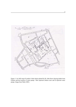 4

Figure 3: An 1845 map of London’s Soho district plotted by Dr. John Snow showing deaths from
Cholera and the location of water pumps. Dots represent cholera cases and X represent water
pumps. Image from Tufte (1983).

 