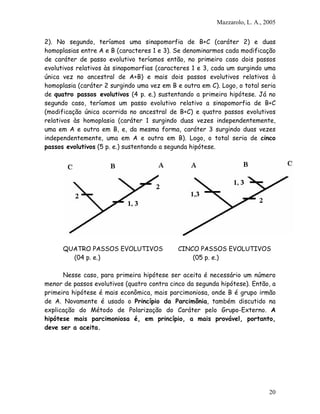 Mazzarolo, L. A., 2005
2). No segundo, teríamos uma sinapomorfia de B+C (caráter 2) e duas
homoplasias entre A e B (caracteres 1 e 3). Se denominarmos cada modificação
de caráter de passo evolutivo teríamos então, no primeiro caso dois passos
evolutivos relativos às sinapomorfias (caracteres 1 e 3, cada um surgindo uma
única vez no ancestral de A+B) e mais dois passos evolutivos relativos à
homoplasia (caráter 2 surgindo uma vez em B e outra em C). Logo, o total seria
de quatro passos evolutivos (4 p. e.) sustentando a primeira hipótese. Já no
segundo caso, teríamos um passo evolutivo relativo a sinapomorfia de B+C
(modificação única ocorrida no ancestral de B+C) e quatro passos evolutivos
relativos às homoplasia (caráter 1 surgindo duas vezes independentemente,
uma em A e outra em B, e, da mesma forma, caráter 3 surgindo duas vezes
independentemente, uma em A e outra em B). Logo, o total seria de cinco
passos evolutivos (5 p. e.) sustentando a segunda hipótese.
QUATRO PASSOS EVOLUTIVOS CINCO PASSOS EVOLUTIVOS
(04 p. e.) (05 p. e.)
Nesse caso, para primeira hipótese ser aceita é necessário um número
menor de passos evolutivos (quatro contra cinco da segunda hipótese). Então, a
primeira hipótese é mais econômica, mais parcimoniosa, onde B é grupo irmão
de A. Novamente é usado o Princípio da Parcimônia, também discutido na
explicação do Método de Polarização do Caráter pelo Grupo-Externo. A
hipótese mais parcimoniosa é, em princípio, a mais provável, portanto,
deve ser a aceita.
20
 