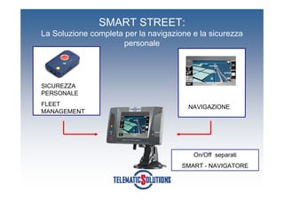 SMART STREET:
La Soluzione completa per la navigazione e la sicurezza
                     personale




SICUREZZA
PERSONALE
FLEET                                   NAVIGAZIONE
MANAGEMENT




                                         On/Off separati
                                      SMART - NAVIGATORE
 