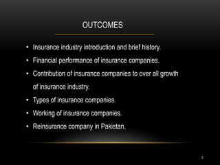 OUTCOMES
• Insurance industry introduction and brief history.
• Financial performance of insurance companies.
• Contribution of insurance companies to over all growth
of insurance industry.
• Types of insurance companies.
• Working of insurance companies.
• Reinsurance company in Pakistan.
3
 
