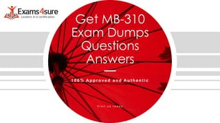 Get MB-310
Exam Dumps
Questions
Answers
1 0 0 % A p p r o v e d a n d A u t h e n t i c
V i s i t u s t o d a y
 