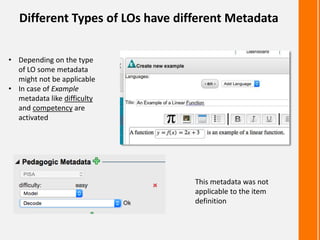 Different Types of LOs have different Metadata
• Depending on the type
of LO some metadata
might not be applicable
• In case of Example
metadata like difficulty
and competency are
activated
This metadata was not
applicable to the item
definition
 