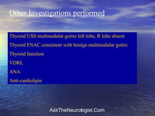 Other Investigations performed Thyroid USS multinodular goitre left lobe, R lobe absent Thyroid FNAC consistent with benign multinodular goitre Thyroid function VDRL ANA Anti-cardiolipin  