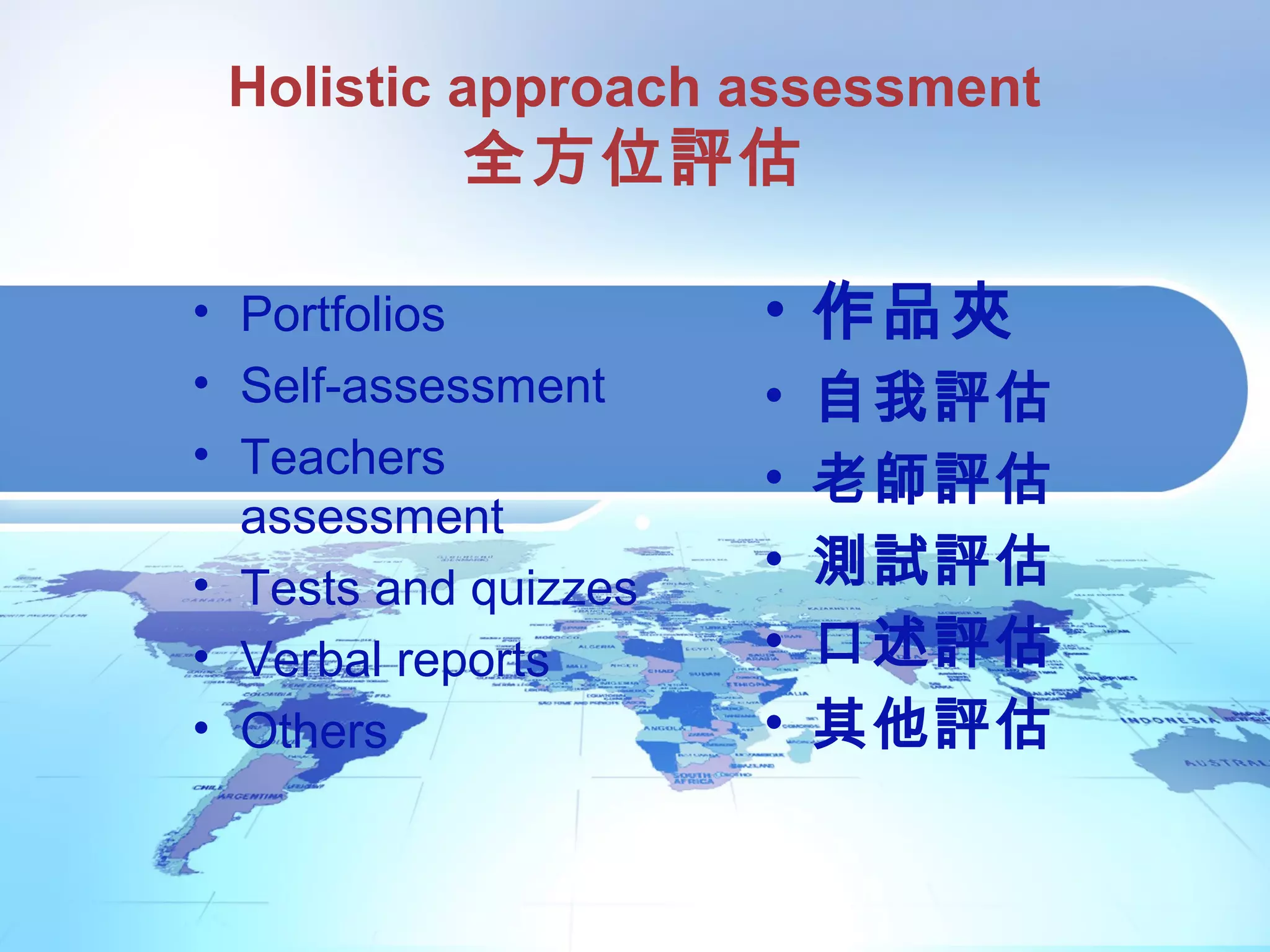 Holistic approach assessment
全方位評估
• Portfolios
• Self-assessment
• Teachers
assessment
• Tests and quizzes
• Verbal reports
• Others
• 作品夾
• 自我評估
• 老師評估
• 測試評估
• 口述評估
• 其他評估
 