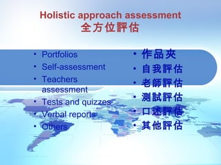 Holistic approach assessment
全方位評估
• Portfolios
• Self-assessment
• Teachers
assessment
• Tests and quizzes
• Verbal reports
• Others
• 作品夾
• 自我評估
• 老師評估
• 測試評估
• 口述評估
• 其他評估
 