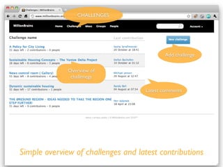 CHALLENGES
Add challenge
Overview of
challenegs
Latest comments
Simple overview of challenges and latest contributions
 