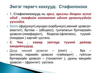 







1. Стафилококкууд нь арьс, арьсны доорхи эслэг
эдэд , лимфийн голомтот идээт үрэвслүүдийг
үүсгэдэг.
Хатиг-(фурункул),мундас-(карбункул),хөхний үрэвсэл(мастит), буглаа – (абсцесс), тунгалагын булчирхайн
үрэвсэл-(лимфадент), бээрлэх-(флегмон), түүхий(пиодерм ) зэргийг үүсгэнэ.
2. Чих , хамар залгиур түүний дайвар
хөндийнүүдэд
Дунд чихний үрэвсэл – (отит) ,
бах –
(ангина), нармайн үрэвсэл –(гайморит) , гүйлсэн
булчирхайн үрэвсэл – (тонзиллит ), духны хөндийн
үрэвсэл – (фронтит) үүсгэнэ.

 