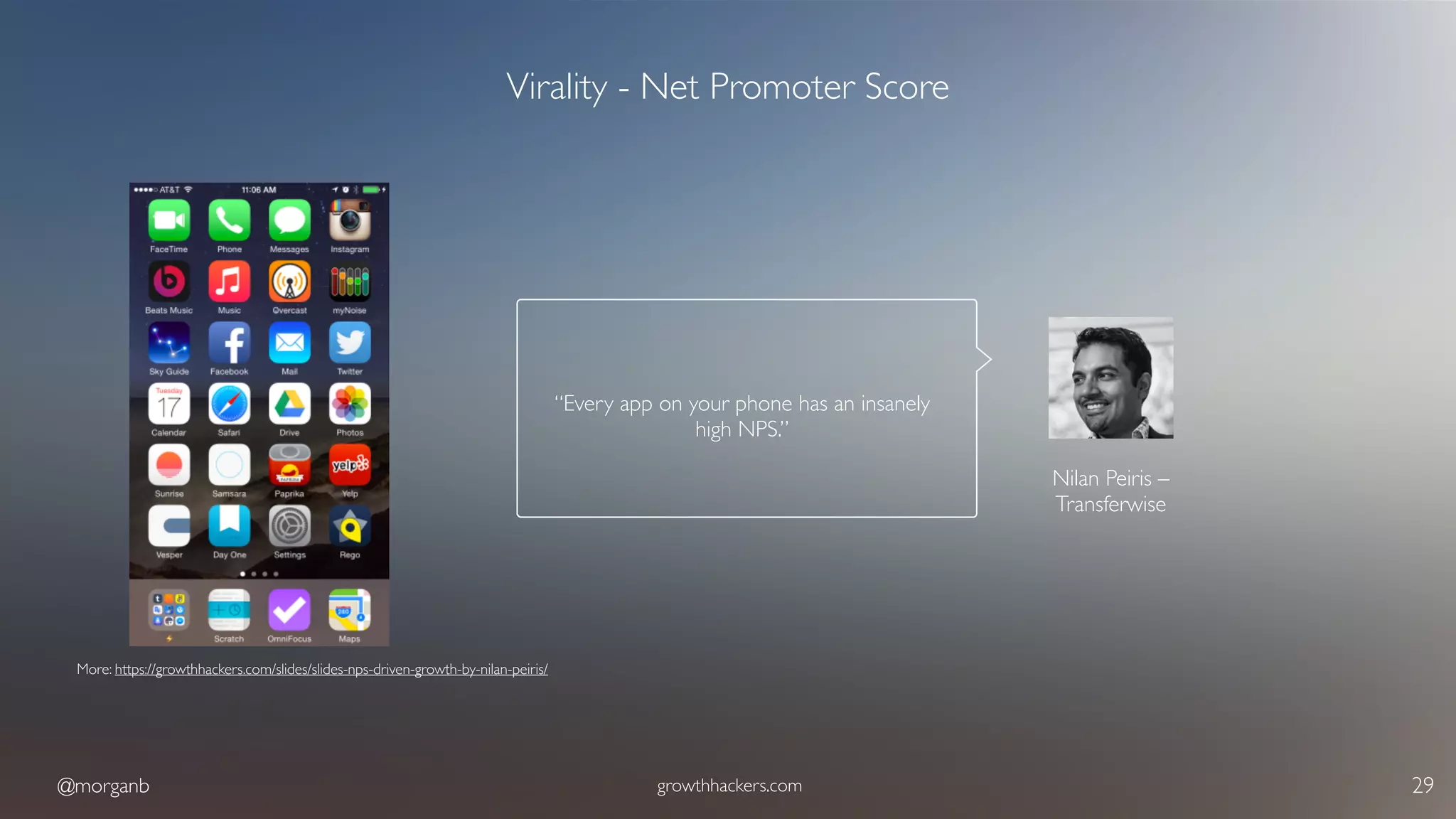 @morganb growthhackers.com 29
Virality - Net Promoter Score
Nilan Peiris – 
Transferwise
“Every app on your phone has an insanely
high NPS.”
More: https://growthhackers.com/slides/slides-nps-driven-growth-by-nilan-peiris/
 