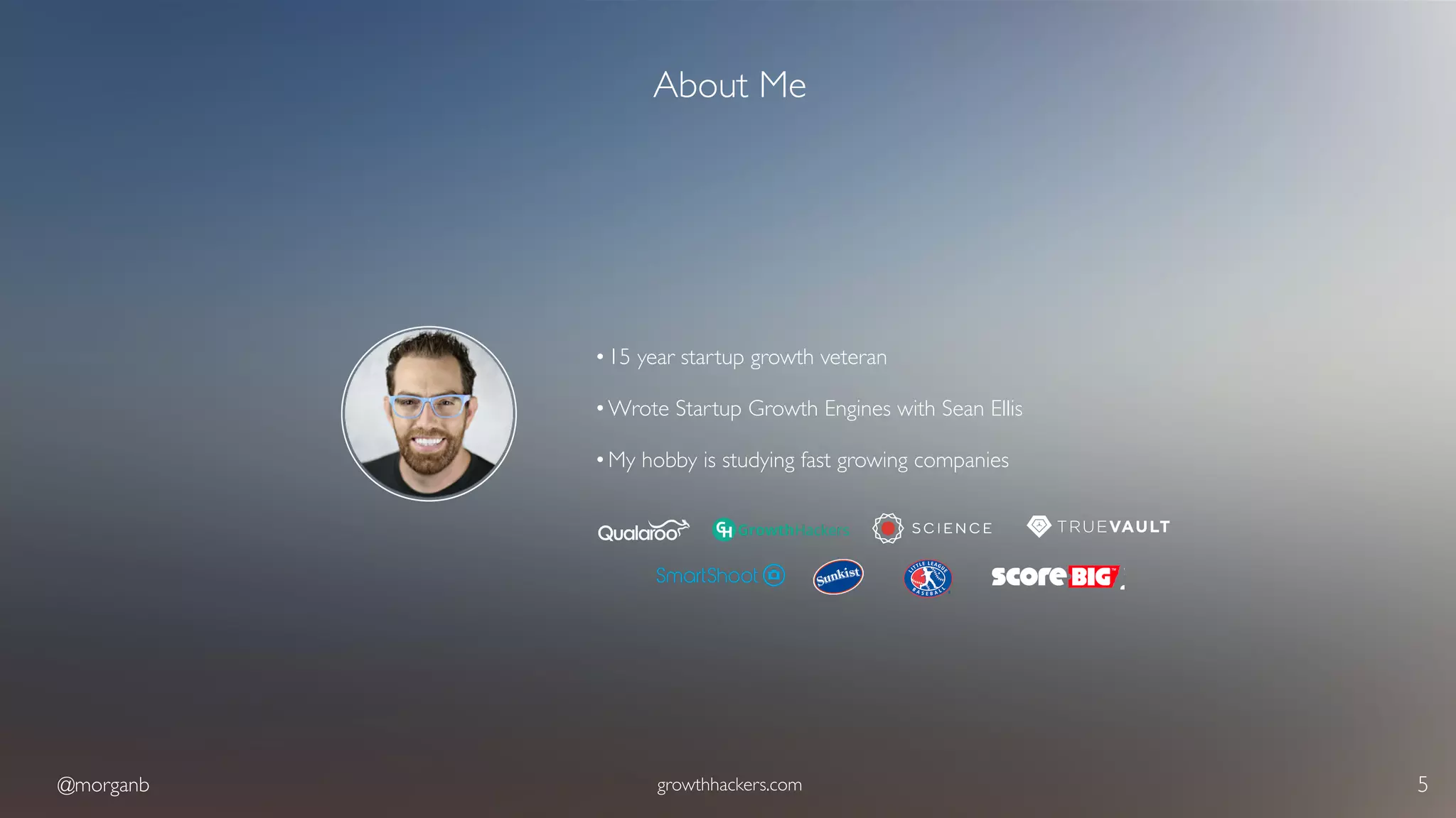 @morganb growthhackers.com 5
About Me
•15 year startup growth veteran
•Wrote Startup Growth Engines with Sean Ellis
•My hobby is studying fast growing companies
 