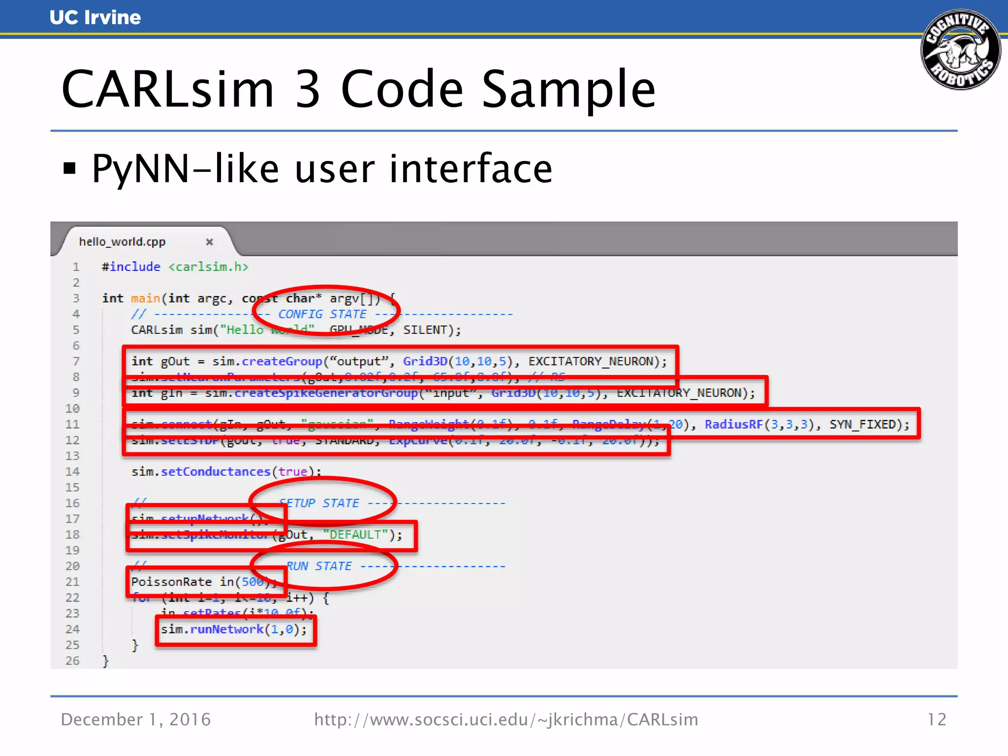  PyNN-like user interface
December 1, 2016 http://www.socsci.uci.edu/~jkrichma/CARLsim 12
CARLsim 3 Code Sample
 