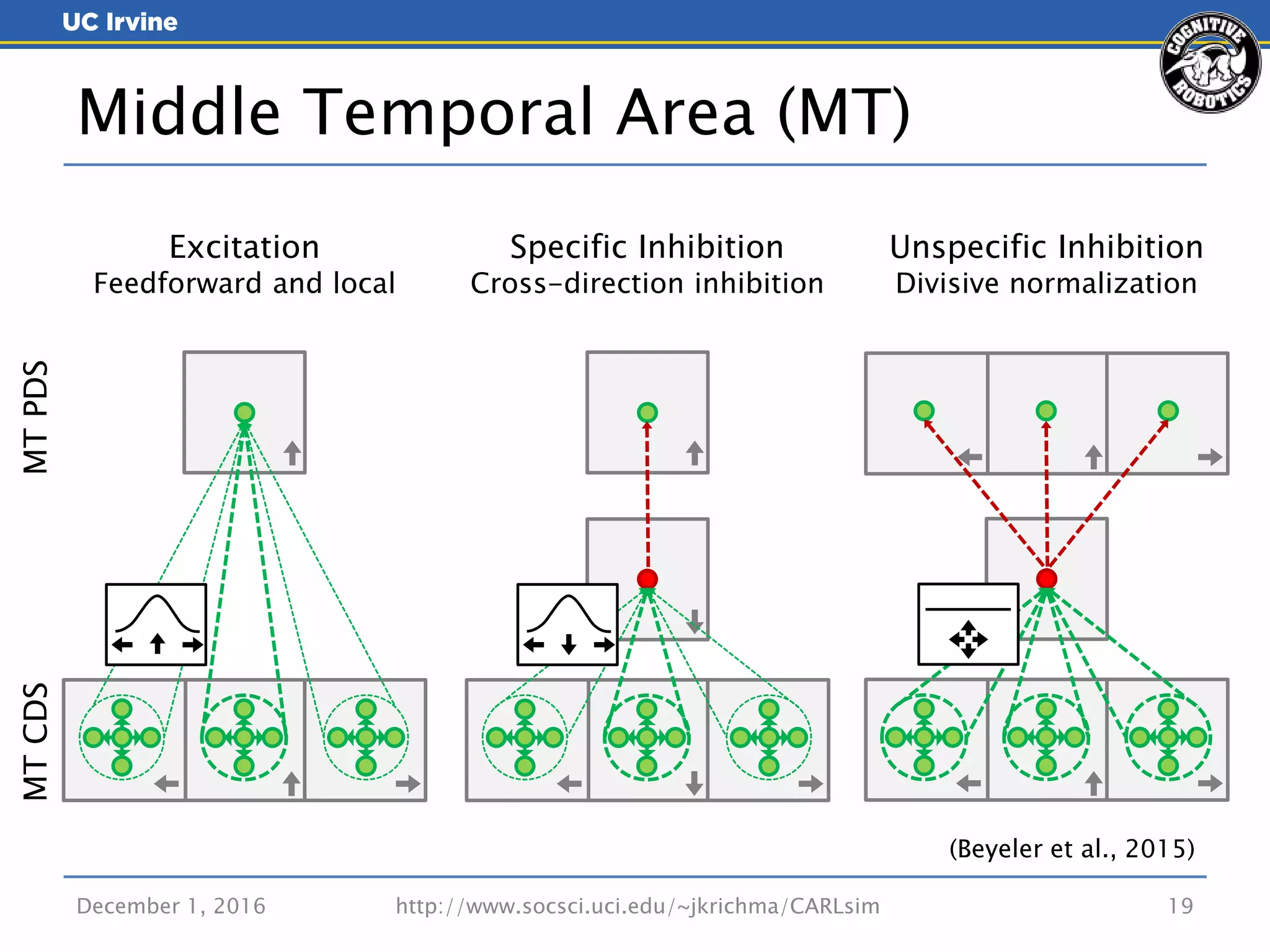 December 1, 2016 19
Middle Temporal Area (MT)
Excitation
Feedforward and local
Specific Inhibition
Cross-direction inhibition
Unspecific Inhibition
Divisive normalization
MTCDSMTPDS
http://www.socsci.uci.edu/~jkrichma/CARLsim
(Beyeler et al., 2015)
 