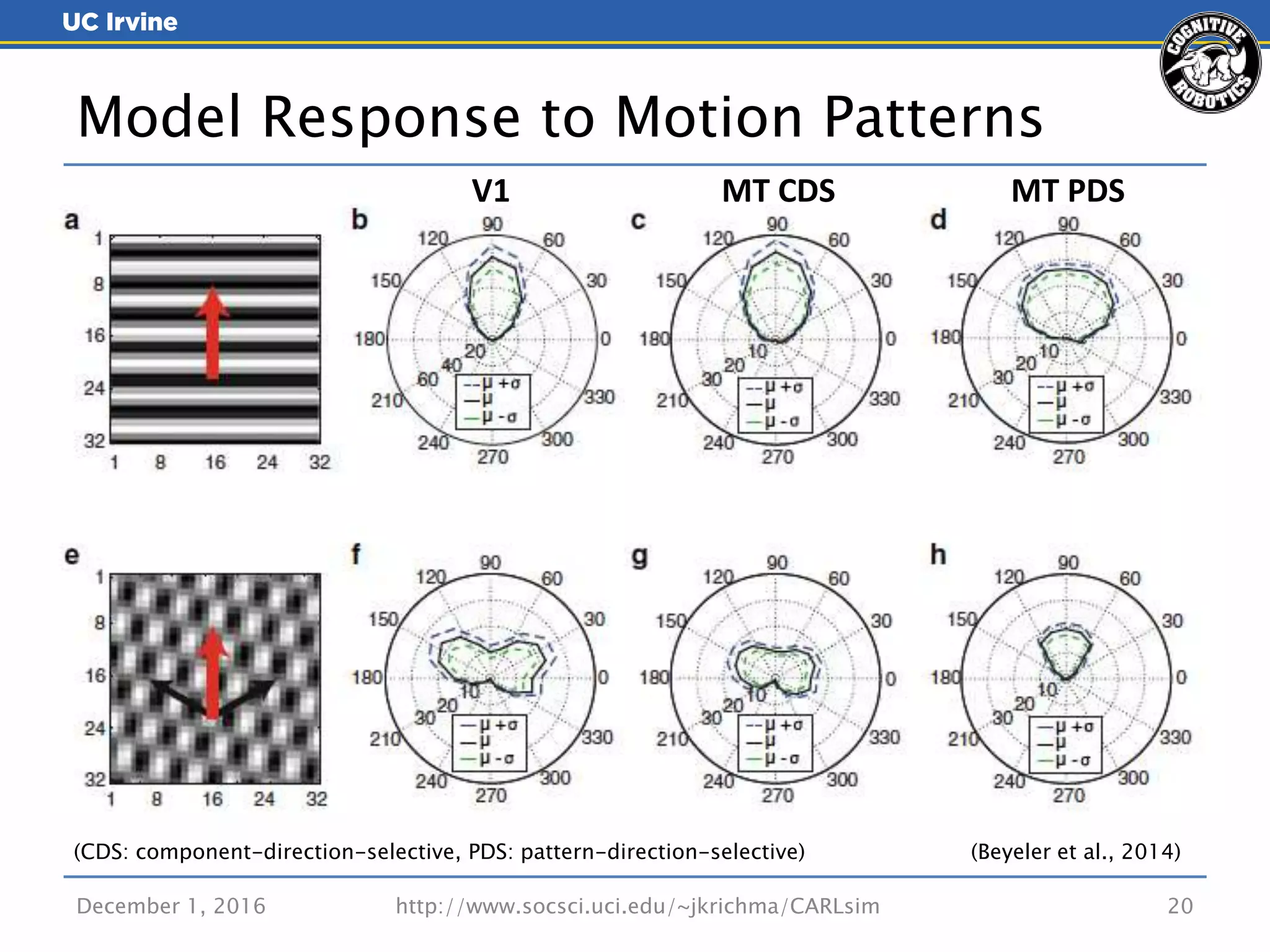 Model Response to Motion Patterns
V1 MT CDS MT PDS
(Beyeler et al., 2014)(CDS: component-direction-selective, PDS: pattern-direction-selective)
December 1, 2016 http://www.socsci.uci.edu/~jkrichma/CARLsim 20
 