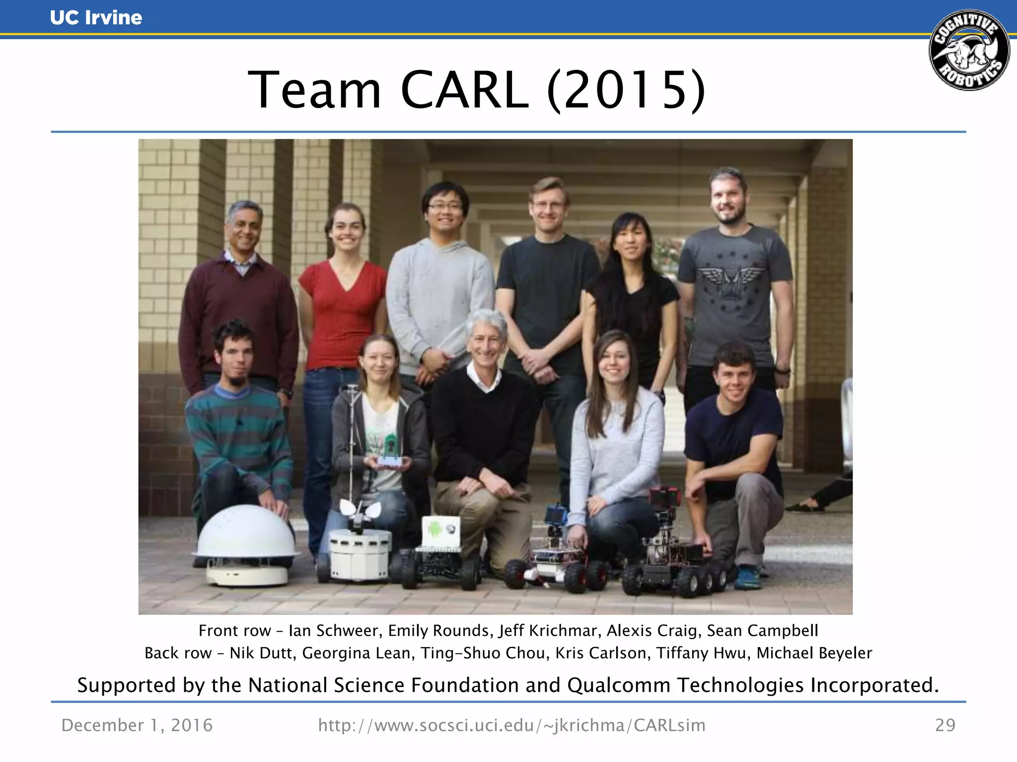 December 1, 2016 http://www.socsci.uci.edu/~jkrichma/CARLsim 29
Team CARL (2015)
Front row – Ian Schweer, Emily Rounds, Jeff Krichmar, Alexis Craig, Sean Campbell
Back row – Nik Dutt, Georgina Lean, Ting-Shuo Chou, Kris Carlson, Tiffany Hwu, Michael Beyeler
Supported by the National Science Foundation and Qualcomm Technologies Incorporated.
 