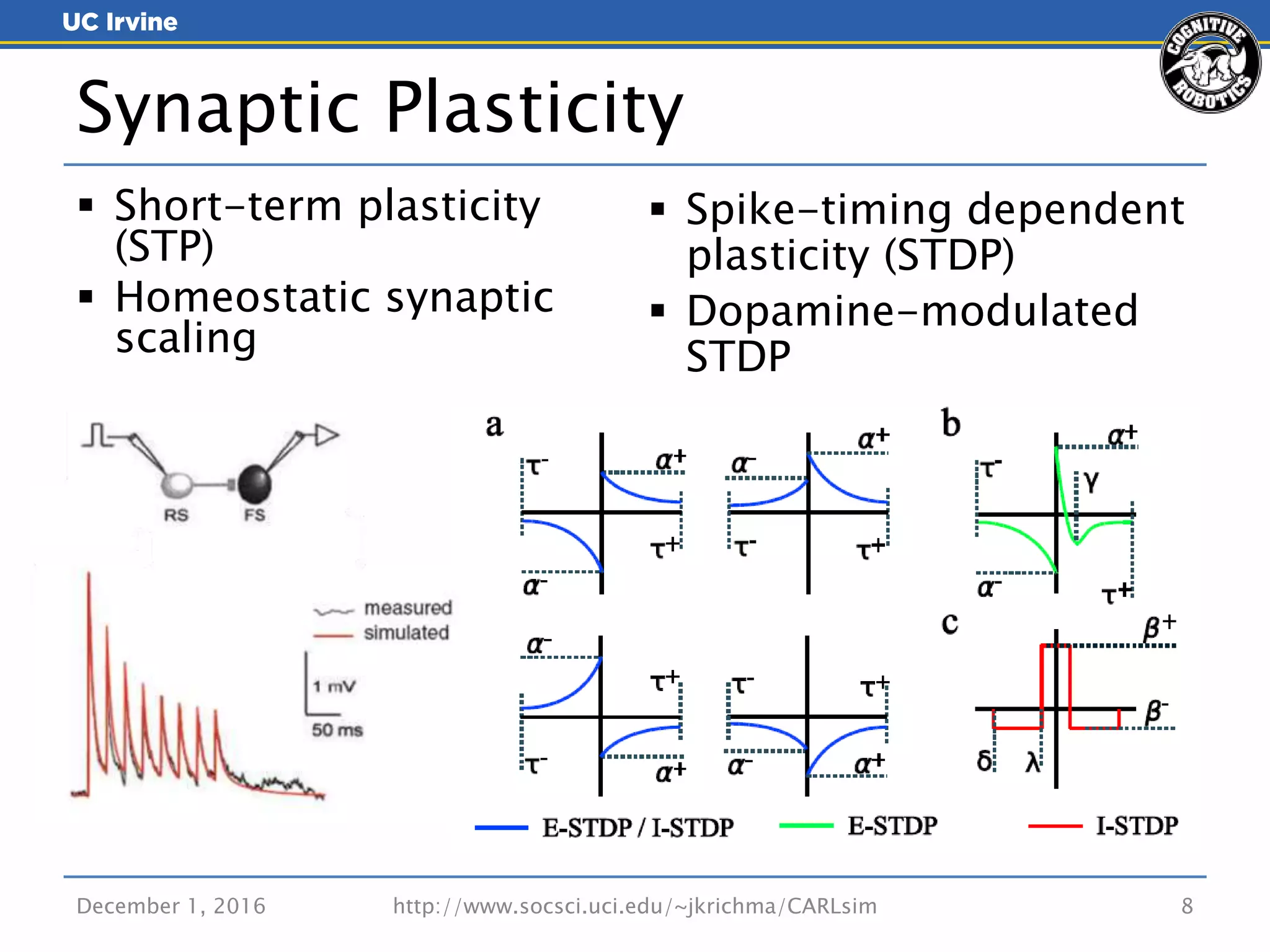 December 1, 2016 http://www.socsci.uci.edu/~jkrichma/CARLsim 8
 Short-term plasticity
(STP)
 Homeostatic synaptic
scaling
 Spike-timing dependent
plasticity (STDP)
 Dopamine-modulated
STDP
Synaptic Plasticity
 