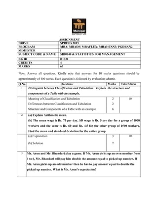 ASSIGNMENT
DRIVE SPRING 2015
PROGRAM MBA/ MBADS/ MBAFLEX/ MBAHCSN3/ PGDBAN2
SEMESTER I
SUBJECT CODE & NAME MB0040 & STATISTICS FOR MANAGEMENT
BK ID B1731
CREDITS 4
MARKS 60
Note: Answer all questions. Kindly note that answers for 10 marks questions should be
approximately of 400 words. Each question is followed by evaluation scheme.
Q.No Questions Marks Total Marks
1 Distinguish between Classification and Tabulation. Explain the structure and
components of a Table with an example.
Meaning of Classification and Tabulation
Differences between Classification and Tabulation
Structure and Components of a Table with an example
2
2
6
10
2 (a) Explain Arithmetic mean.
(b) The mean wage is Rs. 75 per day, SD wage is Rs. 5 per day for a group of 1000
workers and the same is Rs. 60 and Rs. 4.5 for the other group of 1500 workers.
Find the mean and standard deviation for the entire group.
(a) Explanation
(b) Solution
3
7
10
3 Mr. Arun and Mr. Bhandari play a game. If Mr. Arun picks up an even number from
1 to 6, Mr. Bhandari will pay him double the amount equal to picked up number. If
Mr. Arun picks up an odd number then he has to pay amount equal to double the
picked up number. What is Mr. Arun’s expectation?
 