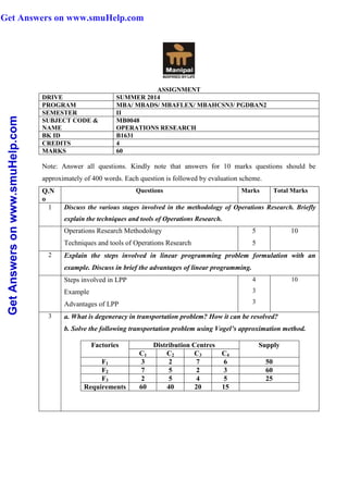 GetAnswersonwww.smuHelp.com
ASSIGNMENT
DRIVE SUMMER 2014
PROGRAM MBA/ MBADS/ MBAFLEX/ MBAHCSN3/ PGDBAN2
SEMESTER II
SUBJECT CODE &
NAME
MB0048
OPERATIONS RESEARCH
BK ID B1631
CREDITS 4
MARKS 60
Note: Answer all questions. Kindly note that answers for 10 marks questions should be
approximately of 400 words. Each question is followed by evaluation scheme.
Q.N
o
Questions Marks Total Marks
1 Discuss the various stages involved in the methodology of Operations Research. Briefly
explain the techniques and tools of Operations Research.
Operations Research Methodology
Techniques and tools of Operations Research
5
5
10
2 Explain the steps involved in linear programming problem formulation with an
example. Discuss in brief the advantages of linear programming.
Steps involved in LPP
Example
Advantages of LPP
4
3
3
10
3 a. What is degeneracy in transportation problem? How it can be resolved?
b. Solve the following transportation problem using Vogel’s approximation method.
Factories Distribution Centres Supply
C1 C2 C3 C4
F1 3 2 7 6 50
F2 7 5 2 3 60
F3 2 5 4 5 25
Requirements 60 40 20 15
Get Answers on www.smuHelp.com
 