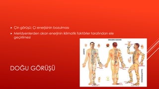 DOĞU GÖRÜŞÜ
 Çin görüşü; Çi enerjisinin bozulması
 Meridyenlerden akan enerjinin iklimatik faktörler tarafından ele
geçirilmesi
 