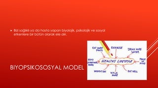 BIYOPSIKOSOSYAL MODEL
 Bizi sağlıklı ya da hasta yapan biyolojik, psikolojik ve sosyal
etkenlere bir bütün olarak ele alır.
 