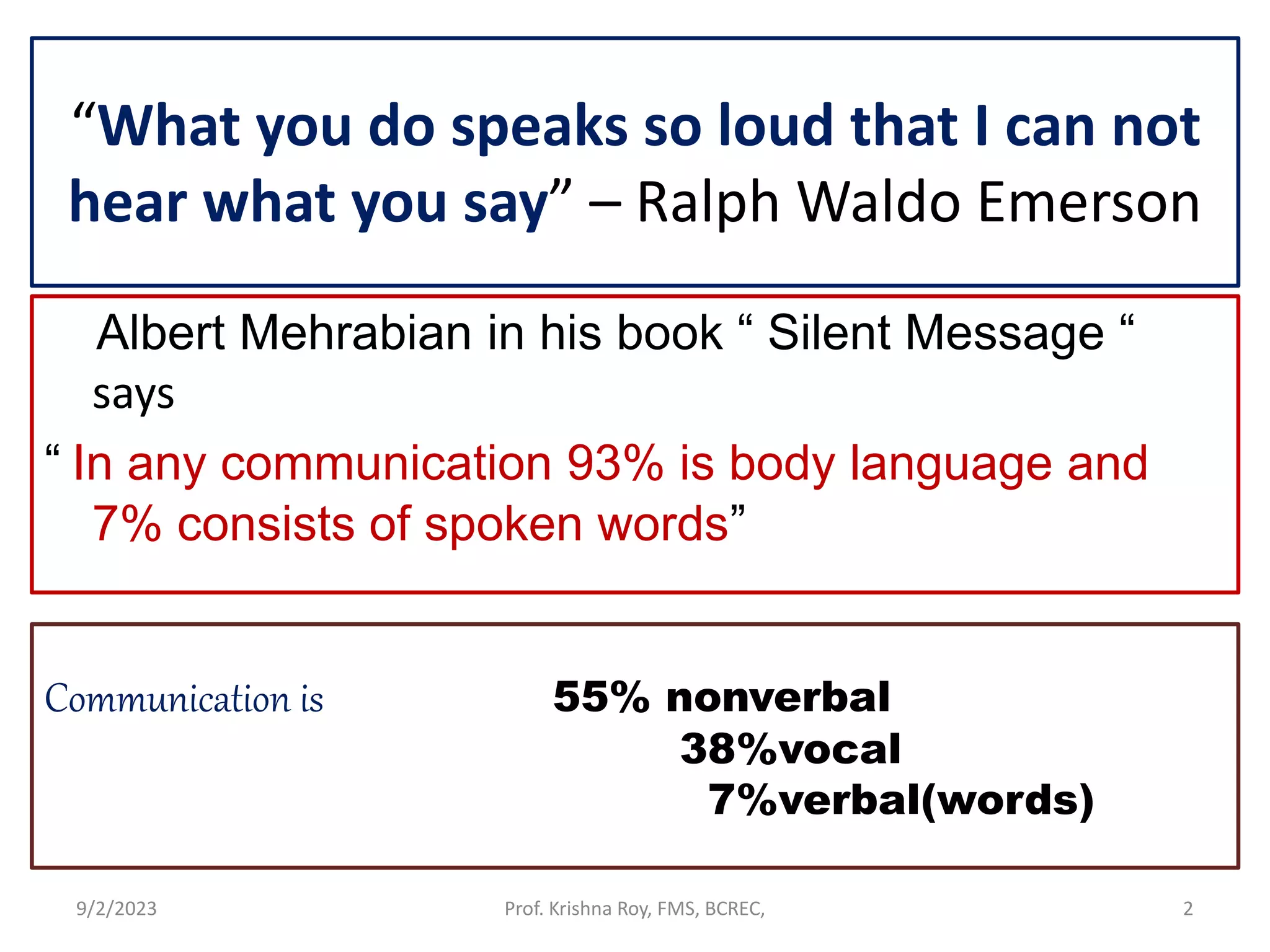 “What you do speaks so loud that I can not
hear what you say” – Ralph Waldo Emerson
Albert Mehrabian in his book “ Silent Message “
says
“ In any communication 93% is body language and
7% consists of spoken words”
Communication is 55% nonverbal
38%vocal
7%verbal(words)
9/2/2023 Prof. Krishna Roy, FMS, BCREC, 2
