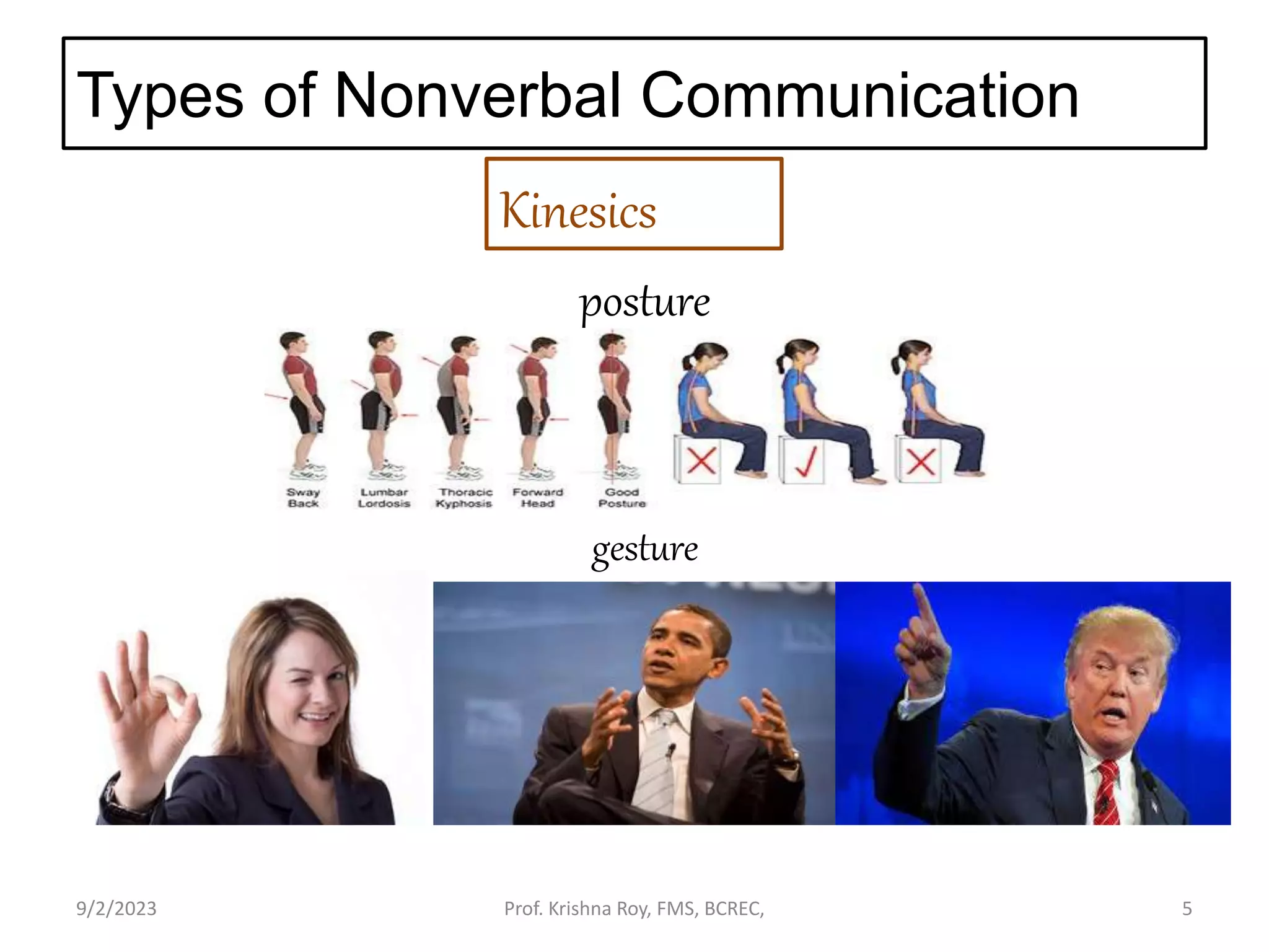 gesture
posture
Types of Nonverbal Communication
Kinesics
9/2/2023 Prof. Krishna Roy, FMS, BCREC, 5