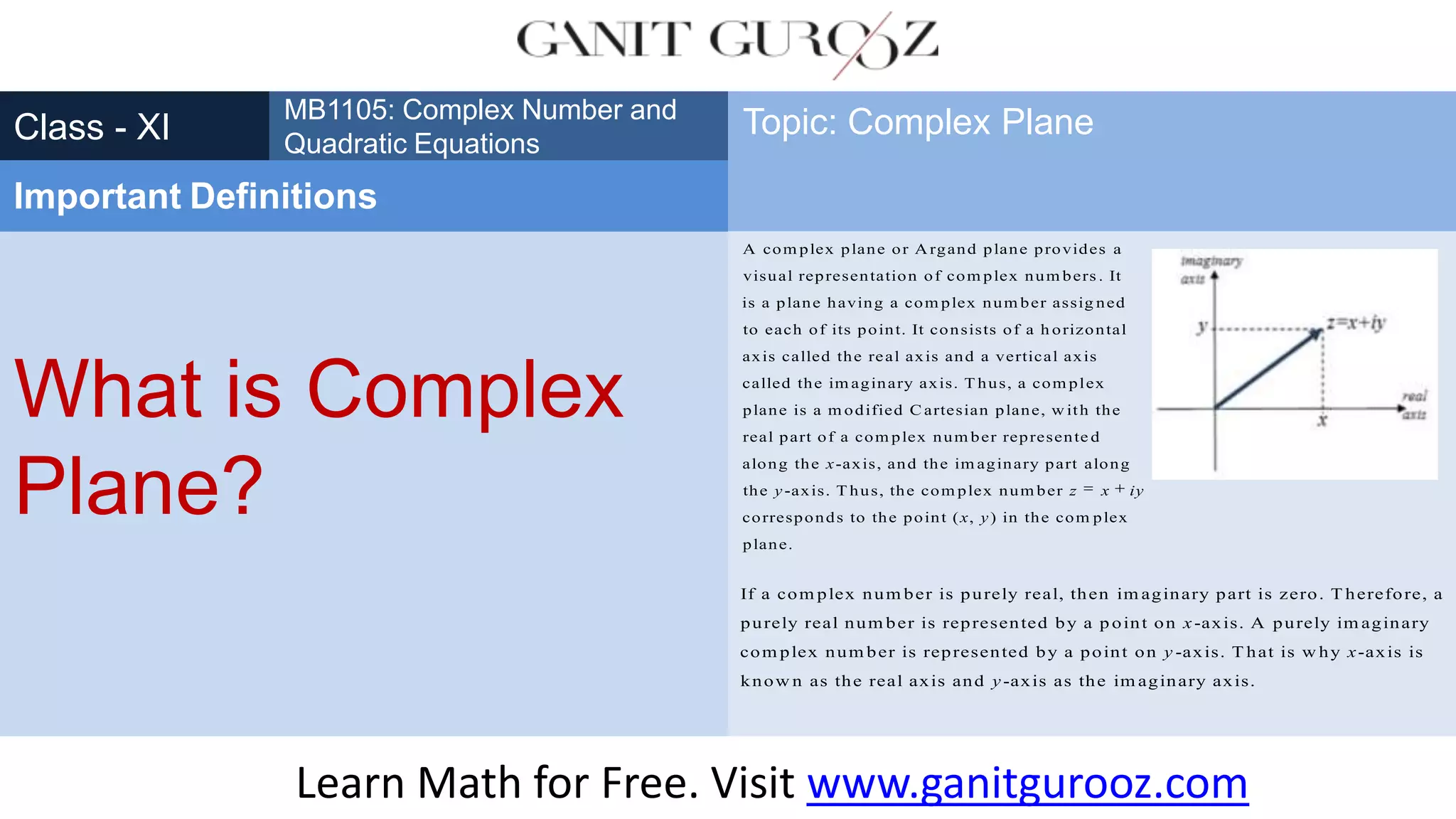 What is Complex
Plane?
Class - XI
MB1105: Complex Number and
Quadratic Equations
Important Definitions
Topic: Complex Plane
A com plex plane or Argand plane provides a
visual representation of com plex num bers . It
is a plane having a com plex num ber assig ned
to each of its point. It consists of a h orizontal
axis called the real axis and a vertical axis
called the im aginary axis. T hus, a com plex
plane is a m odified C artesian plane, w ith the
real part of a com plex num ber represente d
along the -axis, and the im aginary partx along
the -axis. T hus, the com plex num ber
corresponds to the point ( , ) in the com plex
plane.
y z x iy
x y
Learn Math for Free. Visit www.ganitgurooz.com
If a com plex num ber is purely real, then im aginary part is zero. T herefore, a
purely real num ber is represented by a p oint on -axis. A purely im aginary
com plex num ber is represented by a point on -a
x
y xis. T hat is w hy -axis is
know n as the real axis and -axis as the im aginary axis.
x
y
 
