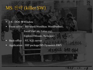 MS ?? (killer SW)
? OS : DOS ? Window
? Front-office : MS-word(WordStar, WordPerfect),
Excel(VisiCalc, Lotus 123),
Explorer(Mosaic, Netscape)
? Back-office : NT, SQL-server
? Application : ERP package(MS Dynamics ERP)
 