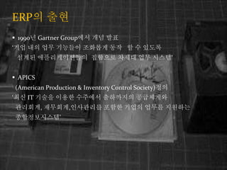 ERP? ??
? 1990? Gartner Group?? ?? ??
?? ?? ?? ???? ???? ?? ? ? ???
??? ???????? ???? ??? ?? ???
? APICS
(American Production & Inventory Control Society)??
?? IT ??? ??? ???? ????? ?????
????, ????,????? ??? ??? ??? ????
???????
 
