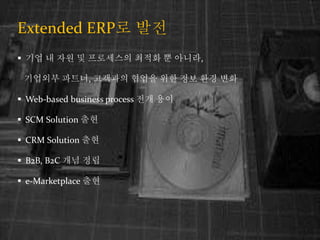 Extended ERP? ??
? ?? ? ?? ? ????? ??? ? ???,
???? ???, ???? ??? ?? ?? ?? ??
? Web-based business process ?? ??
? SCM Solution ??
? CRM Solution ??
? B2B, B2C ?? ??
? e-Marketplace ??
 