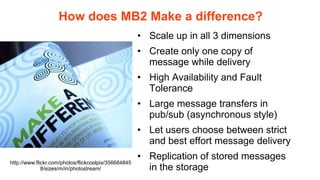 How does MB2 Make a difference?
                                                      • Scale up in all 3 dimensions
                                                      • Create only one copy of
                                                        message while delivery
                                                      • High Availability and Fault
                                                        Tolerance
                                                      • Large message transfers in
                                                        pub/sub (asynchronous style)
                                                      • Let users choose between strict
                                                        and best effort message delivery
                                                      • Replication of stored messages
http://www.flickr.com/photos/flickcoolpix/356684845
              8/sizes/m/in/photostream/                 in the storage
 