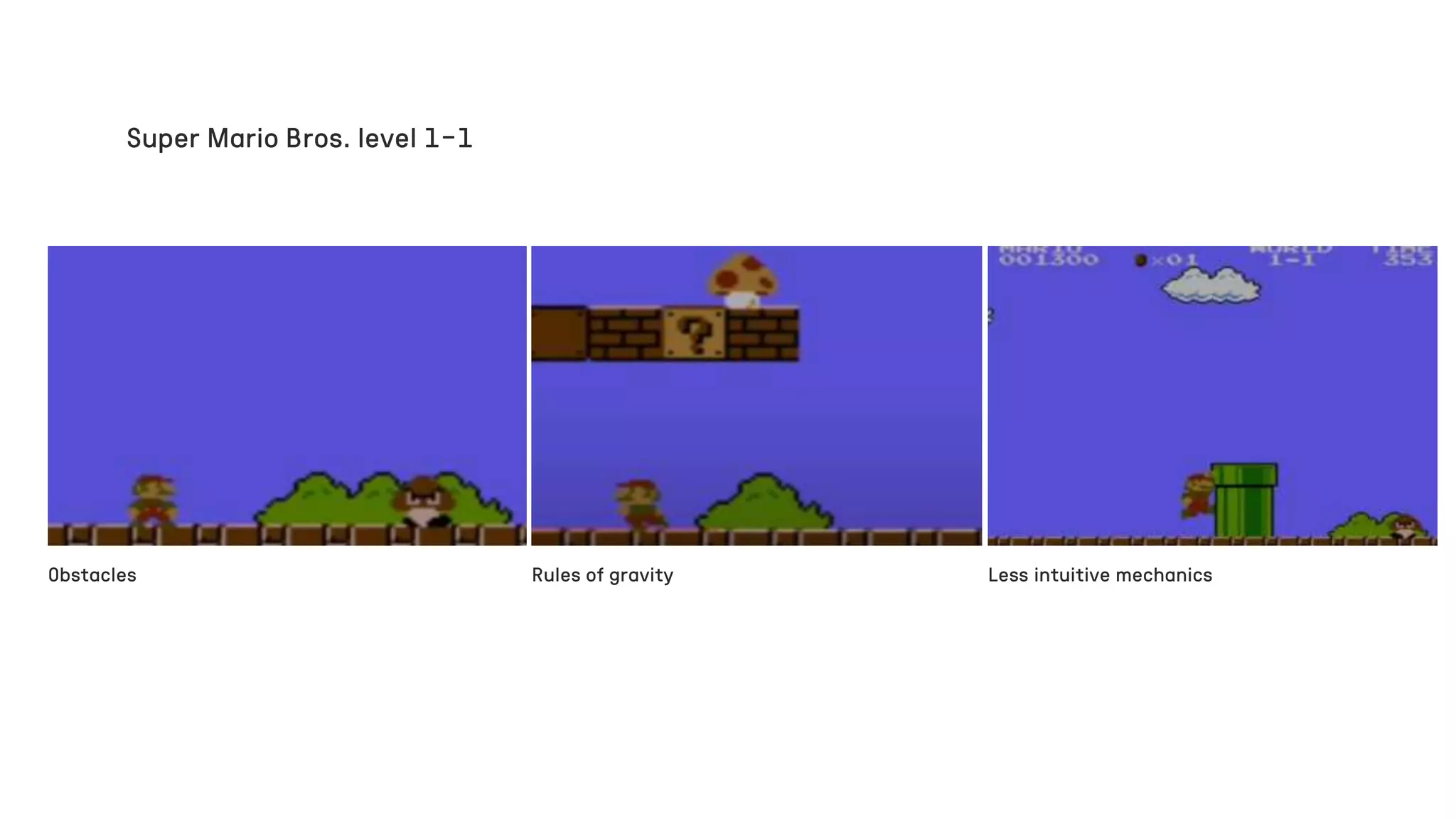 Obstacles Rules of gravity Less intuitive mechanics
Super Mario Bros. level 1-1
 
