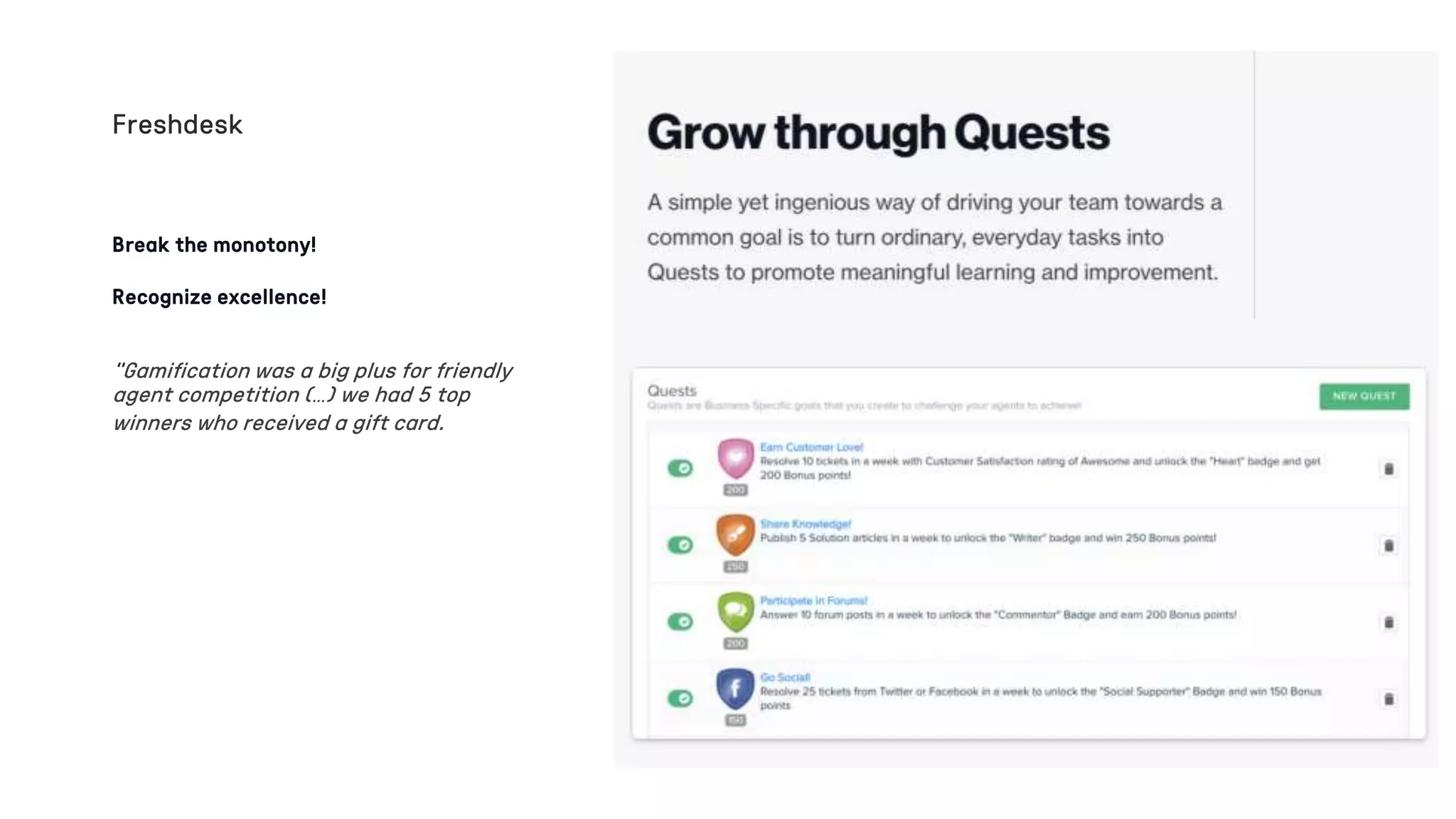 Break the monotony!
Recognize excellence!
“Gamification was a big plus for friendly
agent competition (…) we had 5 top
winners who received a gift card.
Freshdesk
 