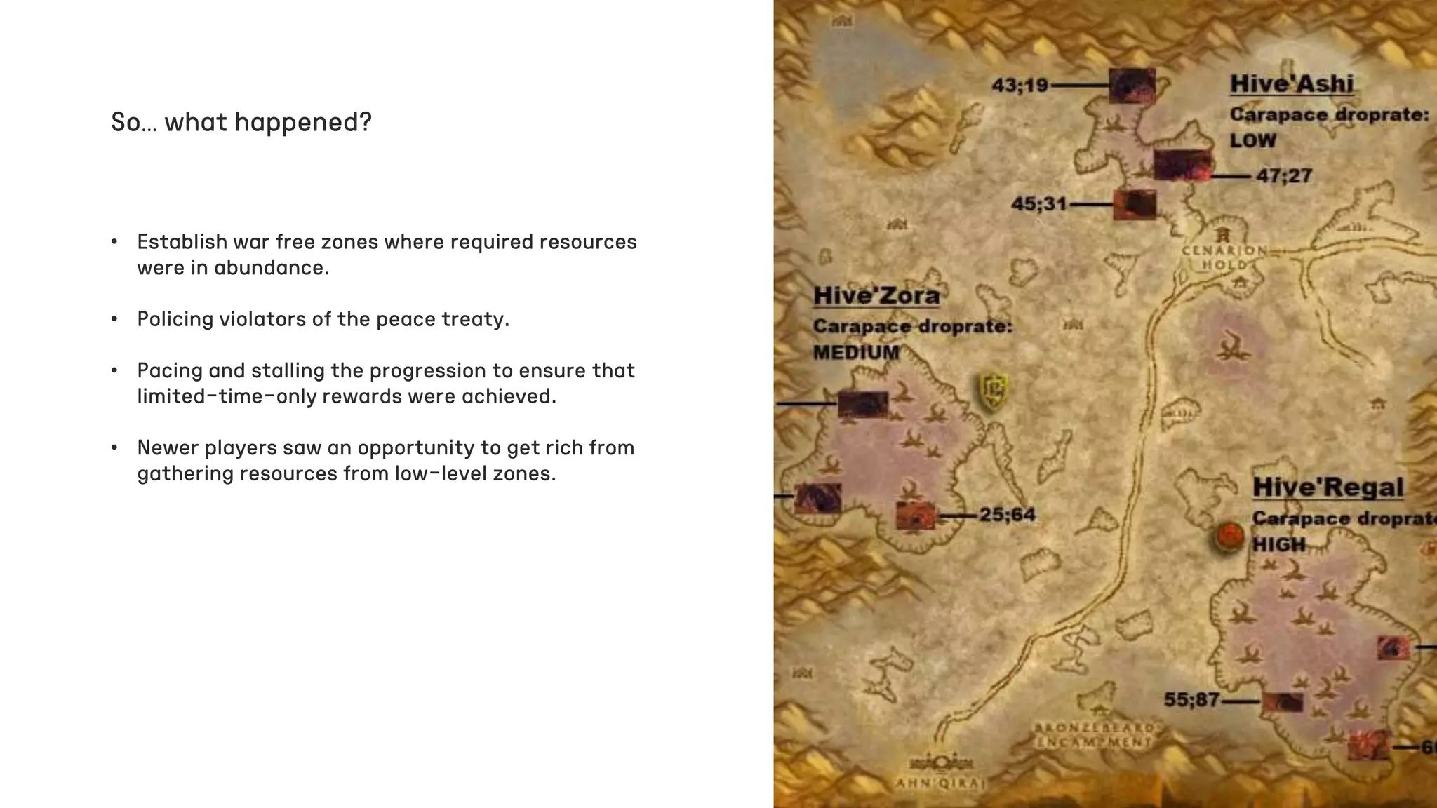 • Establish war free zones where required resources
were in abundance.
• Policing violators of the peace treaty.
• Pacing and stalling the progression to ensure that
limited-time-only rewards were achieved.
• Newer players saw an opportunity to get rich from
gathering resources from low-level zones.
So… what happened?
 