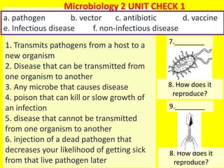 8. How does it
reproduce?
1
1. Transmits pathogens from a host to a
new organism
2. Disease that can be transmitted from
one organism to another
3. Any microbe that causes disease
4. poison that can kill or slow growth of
an infection
5. disease that cannot be transmitted
from one organism to another
6. injection of a dead pathogen that
decreases your likelihood of getting sick
from that live pathogen later
a. pathogen b. vector c. antibiotic d. vaccine
e. Infectious disease f. non-infectious disease
7.________
9.________
8. How does it
reproduce?
Microbiology 2 UNIT CHECK 1
 
