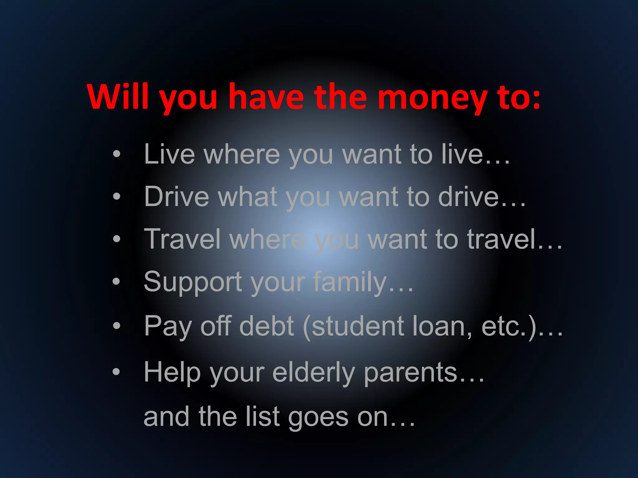 Will you have the money to: 
• Live where you want to live… 
• Drive what you want to drive… 
• Travel where you want to travel… 
• Support your family… 
• Pay off debt (student loan, etc.)… 
• Help your elderly parents… 
and the list goes on… 
 