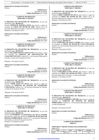 Rio de Janeiro , 21 de Janeiro de 2013 • Diário Oficial dos Municípios do Estado do Rio de Janeiro • ANO IV | Nº 0837
www.diariomunicipal.com.br/aemerj 9
ROGELSON SANCHES FONTOURA
Prefeito
Publicado por:
Reinaldo dos Santos
Código Identificador:E07723DD
GABINETE DO PREFEITO
PORTARIA Nº 056/2013.
O PREFEITO DO MUNICÍPIO DE MESQUITA, no uso das
atribuições legais, RESOLVE:
Nomear CRISTIANE PEREIRA LEITE, para exercer o cargo em
comissão de CHEFE DO SETOR DE ITBI, símbolo CC-2, da
Secretaria Municipal de Fazenda, a contar de 01 de janeiro de 2013.
Mesquita, 18 de janeiro de 2013
ROGELSON SANCHES FONTOURA
Prefeito
Publicado por:
Reinaldo dos Santos
Código Identificador:5061199D
GABINETE DO PREFEITO
PORTARIA Nº 057/2013.
O PREFEITO DO MUNICÍPIO DE MESQUITA, no uso das
atribuições legais, RESOLVE:
Nomear EDUARDO FONTES GONÇALVES, para exercer o cargo
em comissão de GERENTE DE FISCALIZAÇÃO DE
CADASTRO TÉCNICO, símbolo CC-1, da Secretaria Municipal de
Fazenda, a contar de 01 de janeiro de 2013.
Mesquita, 18 de janeiro de 2013
ROGELSON SANCHES FONTOURA
Prefeito
Publicado por:
Reinaldo dos Santos
Código Identificador:342828D9
GABINETE DO PREFEITO
PORTARIA Nº 058/2013.
O PREFEITO DO MUNICÍPIO DE MESQUITA, no uso das
atribuições legais, RESOLVE:
Nomear JADIR LEITE DA SILVA, para exercer o cargo em
comissão de GERENTE DE DIVISÃO DE INSCRIÇÕES
CADASTRAIS, símbolo CC-1, da Secretaria Municipal de Fazenda,
a contar de 01 de janeiro de 2013.
Mesquita, 18 de janeiro de 2013
ROGELSON SANCHES FONTOURA
Prefeito
Publicado por:
Reinaldo dos Santos
Código Identificador:0CC2FE41
GABINETE DO PREFEITO
PORTARIA Nº 059/2013.
O PREFEITO DO MUNICÍPIO DE MESQUITA, no uso das
atribuições legais, RESOLVE:
Nomear GUTEMBERG EVANGELISTA DA SILVA JUNIOR,
para exercer o cargo em comissão de GERENTE DE DIVISÃO DE
RENDAS IMOBILIÁRIAS, símbolo CC-1, da Secretaria Municipal
de Fazenda, a contar de 01 de janeiro de 2013.
Mesquita, 18 de janeiro de 2013
ROGELSON SANCHES FONTOURA
Prefeito
Publicado por:
Reinaldo dos Santos
Código Identificador:9D21F7FA
GABINETE DO PREFEITO
PORTARIA Nº 060/2013.
O PREFEITO DO MUNICÍPIO DE MESQUITA, no uso das
atribuições legais, RESOLVE:
Nomear JADER CARDOSO DA SILVA, para exercer o cargo em
comissão de CHEFE DO SETOR DE ISS, símbolo CC-2, da
Secretaria Municipal de Fazenda, a contar de 01 de janeiro de 2013.
Mesquita, 18 de janeiro de 2013
ROGELSON SANCHES FONTOURA
Prefeito
Publicado por:
Reinaldo dos Santos
Código Identificador:92A29C21
GABINETE DO PREFEITO
PORTARIA Nº 061/2013.
O PREFEITO DO MUNICÍPIO DE MESQUITA, no uso das
atribuições legais, RESOLVE:
Nomear FERNANDA DE SOUZA VIEIRA, para exercer o cargo
em comissão de CHEFE DO SETOR DE TAXAS DIVERSAS,
símbolo CC-3, da Secretaria Municipal de Fazenda, a contar de 01 de
janeiro de 2013.
Mesquita, 18 de janeiro de 2013
ROGELSON SANCHES FONTOURA
Prefeito
Publicado por:
Reinaldo dos Santos
Código Identificador:815D81A7
GABINETE DO PREFEITO
PORTARIA Nº 062/2013.
O PREFEITO DO MUNICÍPIO DE MESQUITA, no uso das
atribuições legais, RESOLVE:
Nomear LEONARDO CUNHA NEVES, para exercer o cargo em
comissão de CHEFE DO SETOR DE IPTU, símbolo CC-2, da
Secretaria Municipal de Fazenda, a contar da publicação.
Mesquita, 18 de janeiro de 2013
ROGELSON SANCHES FONTOURA
Prefeito
Publicado por:
Reinaldo dos Santos
Código Identificador:989B2AD1
GABINETE DO PREFEITO
PORTARIA Nº 063/2013.
O PREFEITO DO MUNICÍPIO DE MESQUITA, no uso das
atribuições legais, RESOLVE:
Nomear NEWTON BARBOSA COELHO, para exercer o cargo em
comissão de GERENTE DE DIVISÃO DE RENDAS
MOBILIÁRIAS, símbolo CC-1, da Secretaria Municipal de Fazenda,
a contar da publicação.
Mesquita, 18 de janeiro de 2013
ROGELSON SANCHES FONTOURA
Prefeito
Publicado por:
Reinaldo dos Santos
Código Identificador:D8AC2F19
GABINETE DO PREFEITO
ERRATA
PORTARIA Nº 002/2013 PUBLICADA EM 08/01/2013
Onde se Lê:
Nome Cargo Símbolo Secretaria
Arlington Lima Medeiro
Portela
Diretor Geral da Unidade
Mário Bento
AS Secretaria Municipal de
Saúde
 