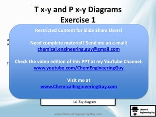 T x-y and P x-y Diagrams 
Exercise 1 
Restricted Content for Slide Share Users! 
Need complete material? Send me an e-mail: 
www. Chemical Engineering Guy .com 
a) Temperature 
when boiling… 
T boiling approx= 86ºC 
chemical.engineering.guy@gmail.com 
Check the video edition of this PPT at my YouTube Channel: 
www.youtube.com/ChemEngineeringGuy 
Visit me at 
www.ChemicalEngineeringGuy.com 
 
