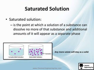 Saturated Solution 
• Saturated solution: 
– is the point at which a solution of a substance can 
dissolve no more of that substance and additional 
amounts of it will appear as a separate phase 
Any more solute will stay as a solid 
www. Chemical Engineering Guy .com 
 