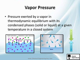 Vapor Pressure 
• Pressure exerted by a vapor in 
thermodynamic equilibrium with its 
condensed phases (solid or liquid) at a given 
temperature in a closed system P 
www. Chemical Engineering Guy .com 
v 
a 
p 
o 
r 
P 
c 
o 
n 
d 
 
