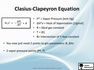 Clasius-Clapeyron Equation 
• P* = Vapor Pressure [mm Hg] 
• ΔH^v = Heat of Vaporization [J/gmol] 
• R = Ideal gas constant 
• T = (K) 
• B= Intersection of Y-Axis constant 
• You now just need 2 points to get parameters: B, ΔHv 
• 2 vapor pressure points (Pº, T) 
www. Chemical Engineering Guy .com 
 