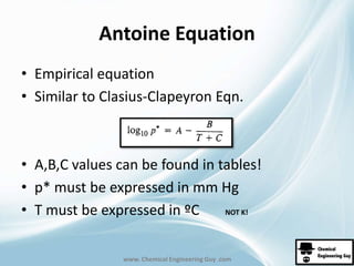 Antoine Equation 
• Empirical equation 
• Similar to Clasius-Clapeyron Eqn. 
• A,B,C values can be found in tables! 
• p* must be expressed in mm Hg 
• T must be expressed in ºC NOT K! 
www. Chemical Engineering Guy .com 
 