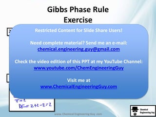 Gibbs Phase Rule 
Exercise 
Restricted Content for Slide Share Users! 
Need complete material? Send me an e-mail: 
chemical.engineering.guy@gmail.com 
Check the video edition of this PPT at my YouTube Channel: 
www.youtube.com/ChemEngineeringGuy 
Visit me at 
www.ChemicalEngineeringGuy.com 
www. Chemical Engineering Guy .com 
 