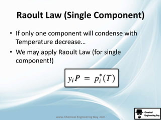 Raoult Law (Single Component) 
• If only one component will condense with 
Temperature decrease… 
• We may apply Raoult Law (for single 
component!) 
www. Chemical Engineering Guy .com 
 