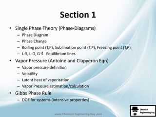 Section 1 
• Single Phase Theory (Phase-Diagrams) 
– Phase Diagram 
– Phase Change 
– Boiling point (T,P); Sublimation point (T,P); Freezing point (T,P) 
– L-S, L-G, G-S Equilibrium lines 
• Vapor Pressure (Antoine and Clapyeron Eqn) 
– Vapor pressure definition 
– Volatility 
– Latent heat of vaporization 
– Vapor Pressure estimation/calculation 
www. Chemical Engineering Guy .com 
• Gibbs Phase Rule 
– DOF for systems (intensive properties) 
 